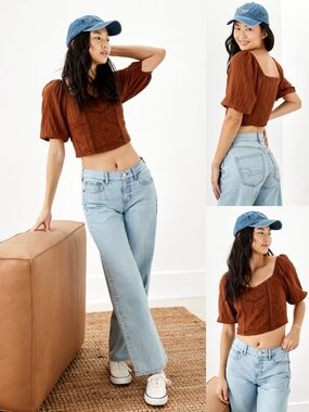 NEW American Eagle Cropped Puff-Sleeve Peasant Top Size Small